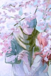 Rule 34 | 1boy, 1girl, artist name, blue eyes, brown scarf, cherry blossoms, coat, day, eye contact, finger tattoo, grey hair, hearing aid, height difference, hetero, highres, holding hands, itose yuki, itsuomi nagi, long sleeves, looking at another, oretsuu, outdoors, scarf, tattoo, yubisaki to renren