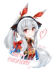 Rule 34 | 1girl, absurdres, animal ears, arknights, blue cape, blush, bow, breasts, cape, closed mouth, cropped torso, dated, dress, grey hair, happy birthday, heart, highres, lalihop, long hair, looking at viewer, official alternate costume, ponytail, red bow, red dress, sidelocks, small breasts, smile, solo, upper body, weedy (arknights), weedy (candy cape) (arknights)