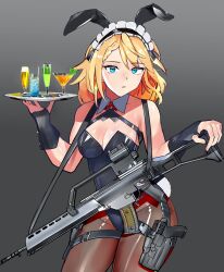Rule 34 | 1girl, 5.56x45mm nato, ammunition, animal ears, assault rifle, bare shoulders, black leotard, blonde hair, blue eyes, breasts, bullet, carbine cartridge, cleavage, cocktail glass, commentary request, cowboy shot, cup, detached collar, dmr cartridge, drink, drinking glass, fake animal ears, fingerless gloves, g36 (girls&#039; frontline), girls&#039; frontline, gloves, grey background, gun, gun sling, h&amp;k g36, handgun, highres, holding, holding tray, holster, holstered, intermediate cartridge, large breasts, leotard, lmg cartridge, long hair, looking at viewer, maid headdress, military cartridge, pantyhose, parted lips, playboy bunny, rabbit ears, rabbit tail, rifle, rifle cartridge, see-through, solo, strapless, strapless leotard, tail, toiro (mononz3), tray, weapon