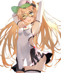 Rule 34 | 1girl, aa44, armpits, arms up, azur lane, bache (azur lane), bache (showy sports star) (azur lane), bare shoulders, blonde hair, blush, breasts, detached sleeves, green-tinted eyewear, green-tinted glasses, highres, long hair, looking at viewer, one eye closed, open mouth, purple eyes, simple background, single thighhigh, small breasts, smile, solo, sportswear, sunglasses, tennis dress, tennis uniform, thigh strap, thighhighs, tinted eyewear, twintails, very long hair, visor cap, white background, white thighhighs