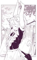 Rule 34 | 1girl, animal ear fluff, animal ears, apron, arms up, cat ears, cat girl, cat tail, closed eyes, closed mouth, dress, laundry, leoharju, maid, maid headdress, monochrome, original, puffy short sleeves, puffy sleeves, short hair, short sleeves, sidelocks, smile, solo, stretching, tail, tree