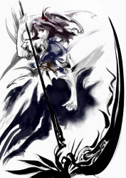 Rule 34 | 1girl, alternate weapon, female focus, grin, hair bobbles, hair ornament, ink, looking at viewer, onozuka komachi, red eyes, sakana (artist), sakana (ryuusui-tei), scythe, short hair, smile, solo, touhou, twintails, two side up, weapon
