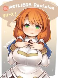 Rule 34 | artist name, astlibra, astlibra revision, blush, breasts, character name, copyright name, dated, dress, green eyes, hands on own chest, large breasts, orange hair, shigatake, shiro (astlibra), short hair with long locks, simple background, upper body, white dress