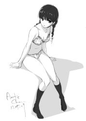 Rule 34 | 1girl, artist name, blunt bangs, braid, breasts, collarbone, dated, greyscale, hair ribbon, highres, kneehighs, knees together feet apart, long hair, looking at viewer, monochrome, navel, open mouth, original, ribbon, signature, simple background, sitting, sketch, small breasts, socks, solo, tabata hisayuki, tabita naoyuki, thighs, tress ribbon, twin braids, underwear, underwear only