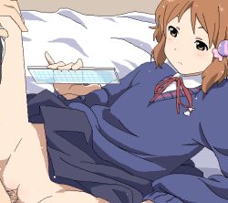 Rule 34 | 10s, 1girl, bed, blush, brown eyes, brown hair, candy wrapper, censored, clothed sex, clothes lift, hair ornament, hands on another&#039;s knees, long sleeves, lying, makino kanna, no panties, oekaki, penis, pussy, ruler, school uniform, sex, short hair, skirt, skirt lift, sleeves past wrists, solo focus, spread legs, tamako market, tomu (tomubobu), vaginal