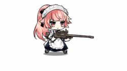 Rule 34 | &gt; &lt;, 1girl, animated, anti-materiel rifle, apron, belt, black footwear, black ribbon, blush stickers, breasts, buckle, buttons, cake, closed eyes, coughing, cup, denel land systems, dress, drinking, fallen down, food, framed breasts, frills, full body, girls&#039; frontline, gun, holding, holding cup, juliet sleeves, large breasts, long hair, long sleeves, looking at cup, lowres, maid, maid headdress, mary janes, multiple belts, neck ribbon, ntw-20, ntw-20 (girls&#039; frontline), ntw-20 (the aristocrat experience) (girls&#039; frontline), official alternate costume, official art, pantyhose, pink eyes, pink hair, puffy sleeves, ran (bukeranwu), ribbon, rifle, saucer, scope, shoes, sidelocks, simple background, skirt, sniper rifle, solo, surprised, table, tassel, teacup, teapot, tearing up, very long hair, weapon, white background, white pantyhose, white ribbon