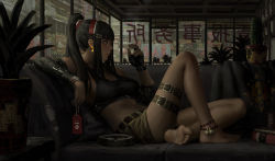 Rule 34 | 1girl, absurdres, barefoot, bell, belt, blunt bangs, breasts, cactus, cigarette, eyelashes, from side, full body, glowing, guweiz, hair bell, hair ornament, highres, holding, holding cigarette, indoors, plant, short shorts, shorts, sitting, smoke, solo, tagme, thigh strap, thighs, window blinds