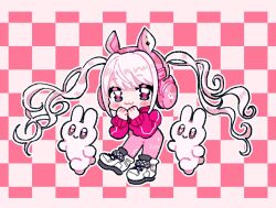 Rule 34 | 1girl, :3, alice (nikke), animal ear headphones, animal ears, bodysuit, checkered background, chibi, clothes writing, covered navel, cropped jacket, fake animal ears, goddess of victory: nikke, hands on own chin, hands up, headphones, highres, jacket, long hair, pink bodysuit, pink eyes, pink hair, pink headphones, puffy sleeves, rabbit, red jacket, shoes, sidelocks, skin tight, sleeves past wrists, sneakers, twintails, uniofthedead, white footwear