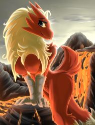 Rule 34 | 1girl, arm support, artist name, ass, blaziken, blue eyes, breasts, claws, cloud, creatures (company), dated, furry, furry female, game freak, gen 3 pokemon, half-closed eyes, highres, infinitedge2u, large breasts, leaning forward, looking at viewer, lava, mountain, nintendo, outdoors, own hands together, platinum blonde hair, pokemon, pokemon (creature), pokemon rse, signature, sky, smile, solo, standing, tail, text focus, volcano