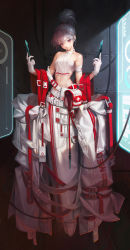 Rule 34 | 1girl, bag, bare shoulders, belt, breasts, closed mouth, collarbone, dark, dual wielding, expressionless, floating, full body, gloves, grey hair, hair between eyes, hands up, high ponytail, highres, holding, holding scalpel, indoors, looking at viewer, medium breasts, original, purple eyes, red eyes, sarashi, satchel, scalpel, sidelighting, solo, tube, white gloves, yuho kim