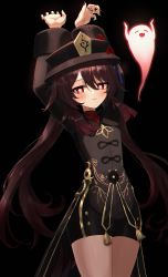 Rule 34 | 1girl, :3, absurdres, arms up, black background, black hat, black nails, black shirt, black shorts, brown hair, chinese clothes, cowboy shot, genshin impact, ghost, gold trim, hat, highres, hu tao (genshin impact), jewelry, long hair, long sleeves, looking at viewer, multiple rings, nail polish, pellas (panix2383), red eyes, ring, shirt, short shorts, shorts, simple background, smile, solo, standing, star-shaped pupils, star (symbol), symbol-shaped pupils, tailcoat, thighs, twintails
