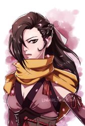 Rule 34 | 1girl, black hair, brown eyes, cleavage cutout, clothing cutout, fire emblem, fire emblem fates, hair over one eye, highres, japanese clothes, kagero (fire emblem), looking at viewer, love410s, nintendo, ponytail, simple background, solo