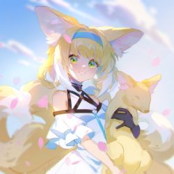 Rule 34 | 1girl, absurdres, animal, animal ear fluff, animal ears, animal hug, arknights, bare shoulders, blonde hair, blouse, blue hairband, blue sky, blurry, blurry background, braid, braided hair rings, cloud, collarbone, commentary request, depth of field, fox, fox ears, fox girl, fox tail, green eyes, hair rings, hairband, highres, jufan fantuan, kitsune, looking at viewer, multicolored hair, outdoors, parted lips, petals, shirt, sky, smile, solo, suzuran (arknights), tail, twin braids, two-tone hair, white hair, white shirt