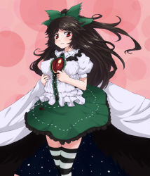 Rule 34 | 1girl, black wings, bow, brown hair, cape, chiwino, female focus, hair bow, kaenbyou rin, kaenbyou rin (cat), long hair, looking at viewer, red eyes, reiuji utsuho, solo, striped clothes, striped thighhighs, thighhighs, touhou, wings, zettai ryouiki