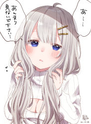 Rule 34 | 1girl, ahoge, blue eyes, blunt bangs, blush, breasts, cleavage cutout, clothing cutout, dated, hair ornament, hairclip, half-closed eyes, highres, holding, holding own hair, kizuna akari, long hair, looking at viewer, medium breasts, parted lips, ribbed sweater, signature, silver hair, solo, speech bubble, sweatdrop, sweater, translated, turtleneck, turtleneck sweater, upper body, very long hair, voiceroid, white background, white sweater, yamada sakura