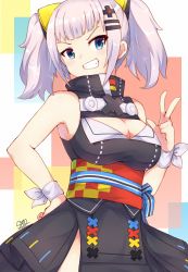 Rule 34 | 1girl, blue eyes, breasts, cleavage, dress, hair ornament, hairclip, highres, kaguya luna, large breasts, looking at viewer, open mouth, short hair, shoutaro saito, silver hair, sleeveless, smile, solo, the moon studio, twintails, virtual youtuber