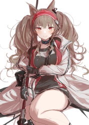 1girl angelina_(arknights) animal_ears arknights biittertaste black_gloves blush breasts brown_hair choker fox_ears gloves hairband highres holding holding_staff jacket long_hair long_sleeves looking_at_viewer medium_breasts open_clothes red_eyes red_hairband shirt shoes shorts sitting sketch smile sneakers socks solo staff thighs twintails white_background