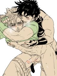 Rule 34 | 2boys, abs, anal, bar censor, belt, bent over, black hair, blush, breath, caesar anthonio zeppeli, censored, clothed sex, clothes lift, clothes pull, facial mark, fingerless gloves, gloves, jojo no kimyou na bouken, joseph joestar, joseph joestar (young), looking at another, male focus, male penetrated, male pubic hair, multiple boys, muscular, navel, nipple stimulation, nipple tweak, nipples, open belt, open mouth, pants, pants around one leg, pants pull, penis, pubic hair, sex, shirt, shirt lift, sleeveless, sleeveless turtleneck, spot color, standing, sweat, t-shirt, testicles, tsubakien, turtleneck, white background, yaoi