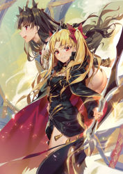 Rule 34 | 2girls, :d, ass, black bow, black cape, black dress, blonde hair, blush, bow, brown hair, cape, commentary request, dress, ereshkigal (fate), fate/grand order, fate (series), gold trim, hair bow, holding, holding sword, holding weapon, ishtar (fate), jofang, long hair, long sleeves, looking at viewer, looking to the side, multicolored cape, multicolored clothes, multiple girls, open mouth, outstretched arm, parted bangs, parted lips, red bow, red cape, red eyes, revision, skull, smile, spine, sword, tiara, tohsaka rin, torn cape, torn clothes, two side up, very long hair, weapon