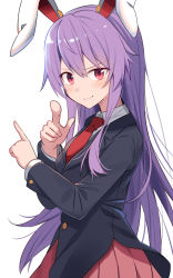 Rule 34 | 1girl, animal ears, blazer, closed mouth, collared shirt, commentary request, e.o., finger gun, hands up, highres, index finger raised, jacket, long hair, long sleeves, looking at viewer, necktie, pink skirt, pleated skirt, purple hair, rabbit ears, rabbit girl, red eyes, red necktie, reisen udongein inaba, shirt, simple background, skirt, smile, smug, solo, touhou, upper body, very long hair, white background, white shirt