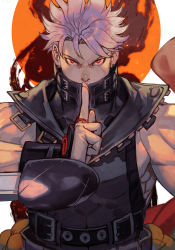Rule 34 | 1boy, aura, belt, chipp zanuff, covered mouth, earrings, floating hair, glaring, guilty gear, guilty gear strive, hand gesture, hungry clicker, jewelry, looking at viewer, male focus, muscular, muscular male, ninja, red eyes, serious, shaded face, short hair, solo, sun, white background, white hair