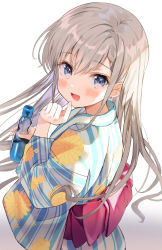 Rule 34 | 1girl, :d, blue eyes, blush, bottle, braid, braided bangs, commentary request, drink, earrings, finger to mouth, floral print, from behind, gradient background, grey background, grey hair, hair between eyes, hand up, highres, hisakawa hayate, holding, holding bottle, idolmaster, idolmaster cinderella girls, japanese clothes, jewelry, kanda done, kimono, long hair, looking at viewer, looking back, obi, open mouth, print kimono, ramune, ribbon, sash, smile, solo, striped clothes, striped kimono, vertical-striped clothes, vertical-striped kimono, very long hair, white background, yukata