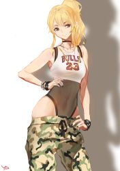 Rule 34 | 1girl, arm belt, armpits, bare shoulders, black nails, black ribbon, blonde hair, blush, bodysuit, brown eyes, camouflage, camouflage pants, chicago bulls, choker, clothes pull, clothes writing, collarbone, contrapposto, covered navel, eyebrows, fishnet bodysuit, fishnets, hip focus, hirai momo, jewelry, leotard, leotard under clothes, long hair, looking to the side, midriff, nail polish, national basketball association, necklace, pants, pants pull, pendant, ponytail, real life, ribbon, signature, silhouette, simple background, skin tight, smirk, solo, standing, white background, wristband, yd (orange maru)