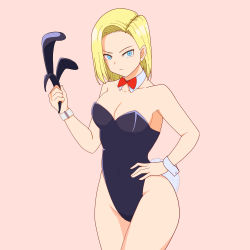Rule 34 | 1girl, android 18, animal ears, bare legs, blonde hair, blue eyes, bow, bowtie, breasts, commentary request, cowboy shot, detached collar, dragon ball, dragonball z, drill bulbul, fake animal ears, hairband, hand on own hip, highres, leotard, looking at viewer, medium breasts, pink background, playboy bunny, rabbit ears, rabbit tail, red bow, red bowtie, short hair, simple background, solo, standing, tail, unworn hairband, wrist cuffs