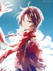 Rule 34 | 10s, 1boy, bad id, bad pixiv id, brown hair, day, gradient background, hacuto, japanese clothes, kashuu kiyomitsu, male focus, mole, mole under mouth, red eyes, scarf, sky, solo, touken ranbu