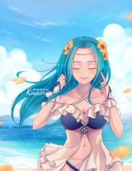Rule 34 | 1girl, aqua hair, artist name, beach, blue sky, breasts, cleavage, closed eyes, closed mouth, cloud, day, fiora (fire emblem), fiora (summer) (fire emblem), fire emblem, fire emblem: the blazing blade, fire emblem heroes, flower, hair flower, hair ornament, highres, kuurimuart, long hair, navel, nintendo, outdoors, sky, smile, solo, swimsuit, upper body, water