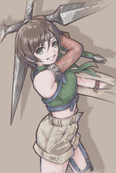 Rule 34 | 1girl, absurdres, aqua eyes, bare shoulders, breasts, brown hair, commentary, final fantasy, final fantasy vii, fishnets, gloves, grey background, headband, highres, holding, holding weapon, lips, looking at viewer, midriff, parted lips, shadow, short hair, shorts, shuriken, simple background, sleeveless, small breasts, smile, square enix, tank top, teeth, tyanoki, weapon, yuffie kisaragi