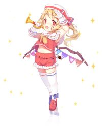 Rule 34 | 1girl, adapted costume, aged down, ankle bow, ankle ribbon, armpits, ascot, blonde hair, blue footwear, blush, bow, collar, eyebrows, fang, flag, flandre scarlet, frilled collar, frilled cuffs, frilled shirt collar, frilled shorts, frills, full body, gloves, hat, horn (instrument), horns, leg ribbon, loafers, looking at viewer, midriff, open mouth, red eyes, red footwear, reflection, ribbon, sailor hat, satomachi, shoes, short shorts, shorts, side ponytail, simple background, single horn, sleeveless, smile, solo, sparkle, thick eyebrows, thighhighs, touhou, white background, white gloves, white thighhighs, wings, wrist cuffs