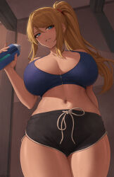 Rule 34 | 1girl, alternate costume, bare arms, bare shoulders, black shorts, blonde hair, blue sports bra, blush, bottle, breasts, cleavage, commentary, cowboy shot, english commentary, hand up, highres, holding, holding bottle, large breasts, long hair, looking at viewer, metroid, navel, nintendo, parted lips, ponytail, samus aran, short shorts, shorts, sidelocks, smile, solo, sports bra, thighs, zaphn