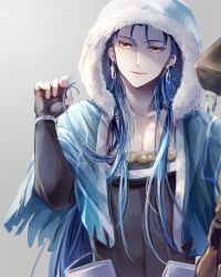 Rule 34 | 1boy, blue hair, bracelet, capelet, cu chulainn (caster) (fate), cu chulainn (fate), cu chulainn (fate/stay night), earrings, fate/grand order, fate (series), fur-trimmed hood, fur trim, grey background, hair strand, hood, hood up, hooded capelet, jewelry, long hair, looking to the side, male focus, red eyes, shichimi (ftlvampire32), simple background, smile, solo, type-moon