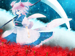 Rule 34 | 1girl, female focus, flower, hair bobbles, hair ornament, onozuka komachi, plant, red eyes, red hair, scythe, short hair, solo, spider lily, standing, touhou, tu2ki, twintails, two side up