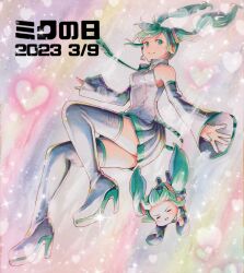 Rule 34 | 2girls, 39, aqua eyes, aqua hair, aqua necktie, black skirt, black sleeves, boots, chibi, crypton future media, detached sleeves, dive, falling, hair ornament, hatsune miku, headset, heart, high heel boots, high heels, iridescent, long hair, looking at viewer, mayo riyo, miku day, multiple girls, necktie, open mouth, outstretched hand, pleated skirt, shirt, skirt, sleeveless, sleeveless shirt, smile, sparkle, sparkle background, thigh boots, twintails, vocaloid