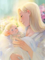 Rule 34 | 1boy, 1girl, baby, blonde hair, blue eyes, boruto: naruto next generations, breasts, cleavage, commentary, earrings, english commentary, flower, grin, highres, holding finger, hug, jewelry, long hair, looking at another, medium breasts, mother&#039;s day, mother and son, naruto (series), pink flower, pink rose, robe, rose, short hair, smile, tearing up, white robe, xmonday mintx, yamanaka ino, yamanaka inojin