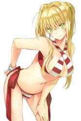 Rule 34 | 1girl, ahoge, arm behind back, bead bracelet, beads, bikini, blonde hair, blush, bracelet, breasts, cleavage, closed mouth, criss-cross halter, fate/grand order, fate (series), green eyes, hair between eyes, hair intakes, hair over shoulder, halterneck, hand on own thigh, hand on thigh, highres, jewelry, large breasts, leaning forward, long hair, looking at viewer, navel, nero claudius (fate), nero claudius (fate) (all), nero claudius (swimsuit caster) (fate), red bikini, saijou haruki, side-tie bikini bottom, sidelocks, simple background, smile, solo, striped bikini, striped clothes, swimsuit, tsurime, twintails, white background, white bikini