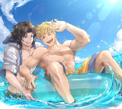 Rule 34 | 2boys, ;d, afloat, ahoge, arm up, belt, black hair, blonde hair, blue eyes, blue sky, cardigan, collarbone, day, elsass, granblue fantasy, highres, hood, hood down, innertube, lancelot (granblue fantasy), looking at another, looking at viewer, male focus, male swimwear, medium hair, multiple boys, muscular, muscular male, navel, no nipples, ocean, one eye closed, open cardigan, open clothes, open mouth, outdoors, pectorals, short hair, sitting, sky, smile, splashing, standing, stomach, summer, swim ring, swim trunks, swimsuit, topless male, vane (granblue fantasy), vane (summer) (granblue fantasy), water, yellow male swimwear, yellow swim trunks