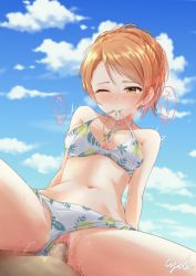 Rule 34 | 1boy, 1girl, alternate hairstyle, arm support, bare arms, bare shoulders, bikini, bikini bottom aside, blue sky, blush, breasts, brown eyes, cleavage, closed mouth, clothing aside, cloud, collarbone, cowgirl position, cyde, dark skin, hetero, highres, hojo karen, idolmaster, idolmaster cinderella girls, jewelry, leaf print, medium breasts, mouth hold, navel, necklace, one eye closed, orange hair, penis, pussy juice, sex, side-tie bikini bottom, signature, sky, speech bubble, stomach, straddling, swimsuit, swimsuit aside, thighs, vaginal, white bikini