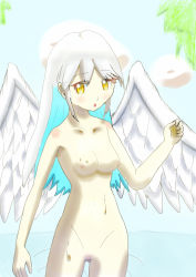 Rule 34 | 1girl, angel, angel wings, long hair, nude, original, white hair, wings