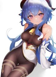 Rule 34 | :3, arm support, bad id, bad twitter id, bare shoulders, bell, black legwear, blue hair, blush, bodystocking, bodysuit, breasts, collarbone, detached sleeves, ganyu (genshin impact), genshin impact, gold trim, horns, leotard, leotard under clothes, long hair, looking at viewer, medium breasts, meow nyang, neck bell, purple eyes, sidelocks, sitting, solo, thigh gap, thighlet, white background, white sleeves