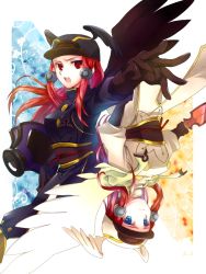 Rule 34 | 1girl, arc system works, bad id, bad pixiv id, blazblue, blazblue: continuum shift, blue eyes, coat, dual persona, hair tubes, hat, long hair, outstretched arm, red eyes, red hair, rotational symmetry, teiruzuta, tsubaki yayoi, upside-down, wings