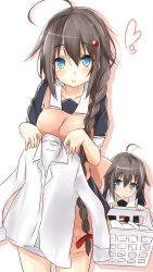 Rule 34 | 10s, 2girls, aged down, ahoge, apron, basket, blue eyes, blush, braid, brown hair, commentary request, dress shirt, hair ornament, hairclip, heart, highres, if they mated, kantai collection, laundry basket, long hair, looking at viewer, mother and daughter, multiple girls, open mouth, saku (kudrove), shigure (kancolle), shirt, single braid, smile, very long hair