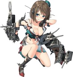 Rule 34 | 10s, 1girl, blue eyes, blush, breasts, brown hair, cannon, choker, cleavage, gloves, hat, kantai collection, looking away, lowres, maya (kancolle), maya kai ni (kancolle), navel, official art, parsley-f, school uniform, shirt, short hair, simple background, skirt, socks, solo, torn clothes, torn shirt, torn socks