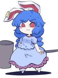 Rule 34 | 1girl, :3, animal ears, blue dress, blue hair, blush stickers, chahan (fried rice0614), closed mouth, dress, earclip, frilled dress, frills, full body, highres, holding, kine, long hair, mallet, one-hour drawing challenge, rabbit ears, red eyes, seiran (touhou), short sleeves, simple background, smile, socks, solo, touhou, white background, white socks