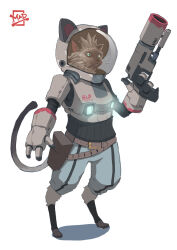 Rule 34 | 1other, animal ears, artist logo, barefoot, cat, cat ears, furry, green eyes, gun, highres, holding, holding gun, holding weapon, leather belt, michael angelo dulay, original, scar, scar across eye, sharp teeth, siamese cat, simple background, solo focus, spacesuit, standing, teeth, weapon