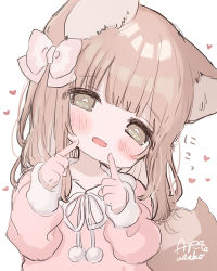 Rule 34 | 1girl, :d, ame usako, animal ears, blush, bow, brown eyes, brown hair, collared dress, commentary request, dress, fangs, hair bow, hands up, head tilt, heart, index finger raised, long hair, long sleeves, looking at viewer, open mouth, original, pink bow, pink dress, signature, simple background, sleeves past wrists, smile, solo, tail, tail raised, upper body, white background