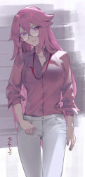 Rule 34 | 1girl, absurdres, alternate costume, bespectacled, commentary, contemporary, genshin impact, glasses, hair between eyes, head tilt, highres, id card, long hair, long sleeves, looking at viewer, lufi ays, office lady, pants, parted lips, pink hair, purple eyes, sidelocks, simple background, smile, solo, twitter username, white pants, yae miko