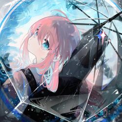 Rule 34 | 1girl, ahoge, bocchi the rock!, gigbag, gotoh hitori, guitar case, highres, holding, holding umbrella, instrument case, jacket, looking at viewer, looking back, nekoolantern, outdoors, pink hair, pink jacket, rain, reflection, revision, solo, transparent, transparent umbrella, umbrella, utility pole, water drop